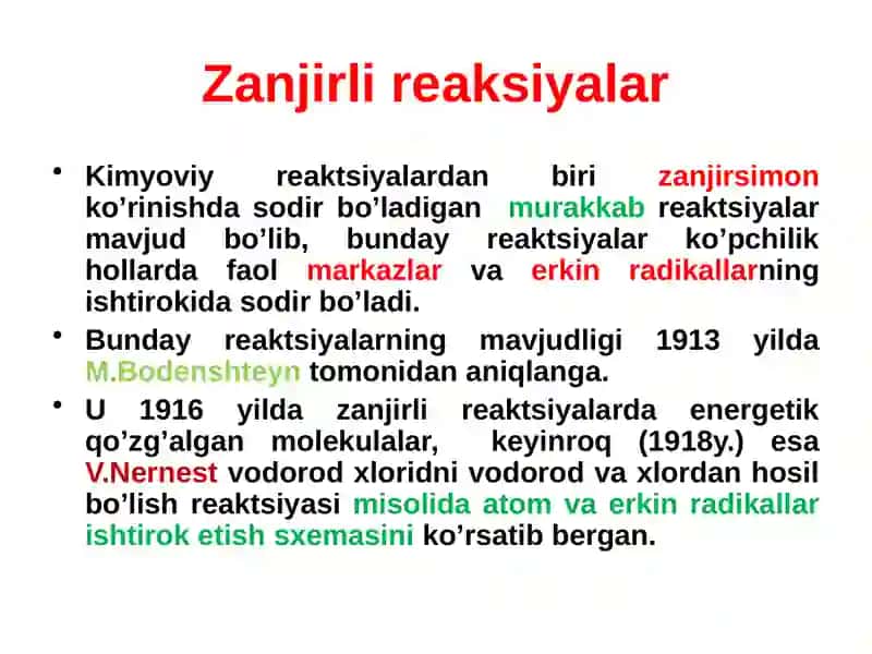 Zanjirli vafotokimyoviy reaksiyalar 2