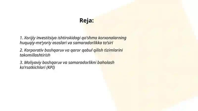 Xorijiy investitsiya ishtirokidagi qo'shma korxonalar faoliyati samaradorligini ta'minlash 2