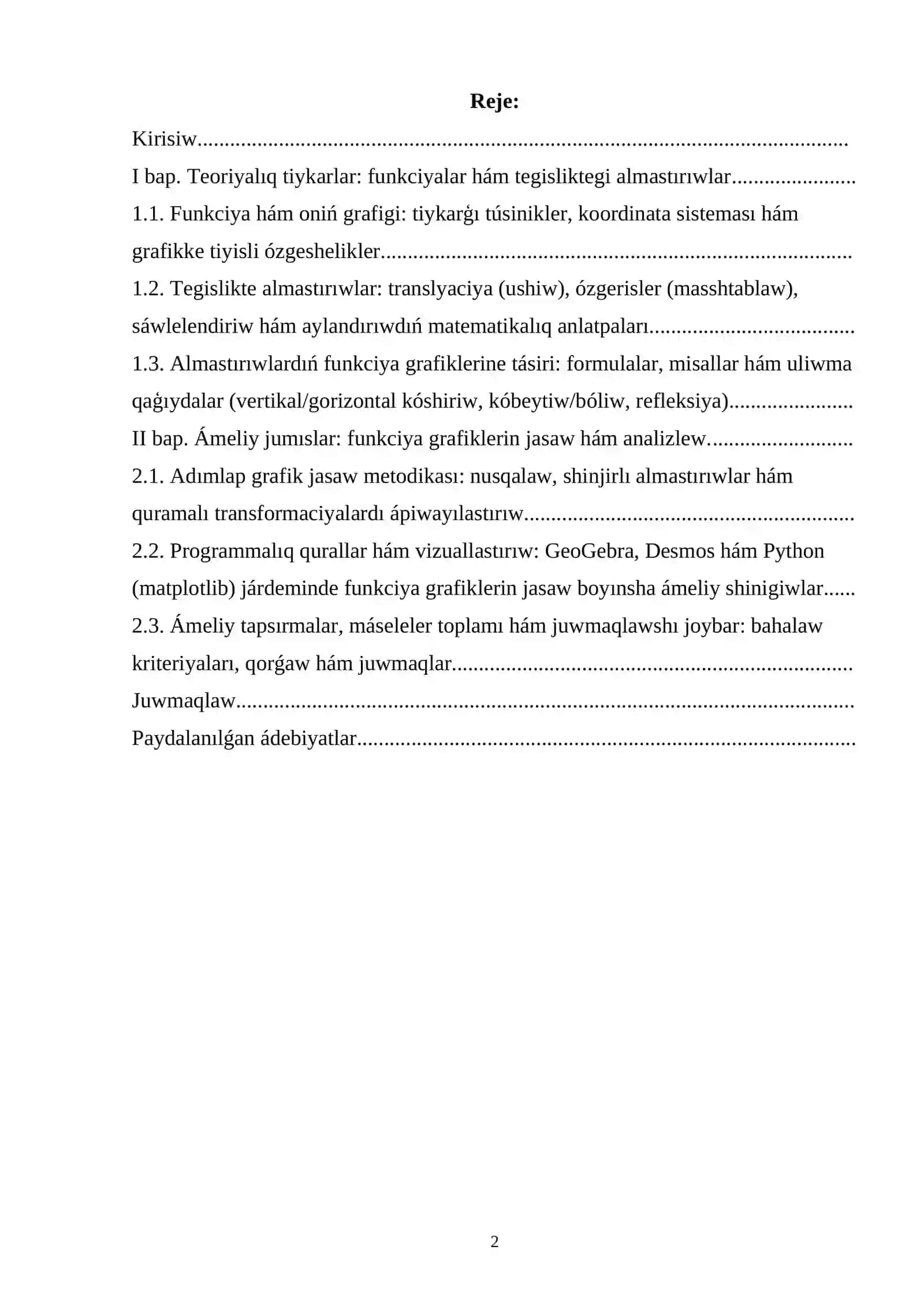 TEKISLIKDA ALMASHTIRISHLAR YORDAMIDA FUNKSIYA GRAFIKLARINI YASASH 2