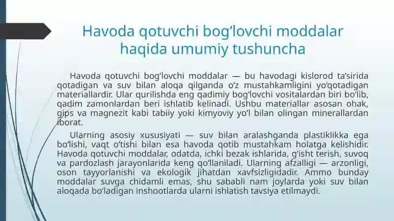 Havoda qotuvchi bog‘lovchi moddalar. Gips ishlab chiqarish texnologiyasi 2