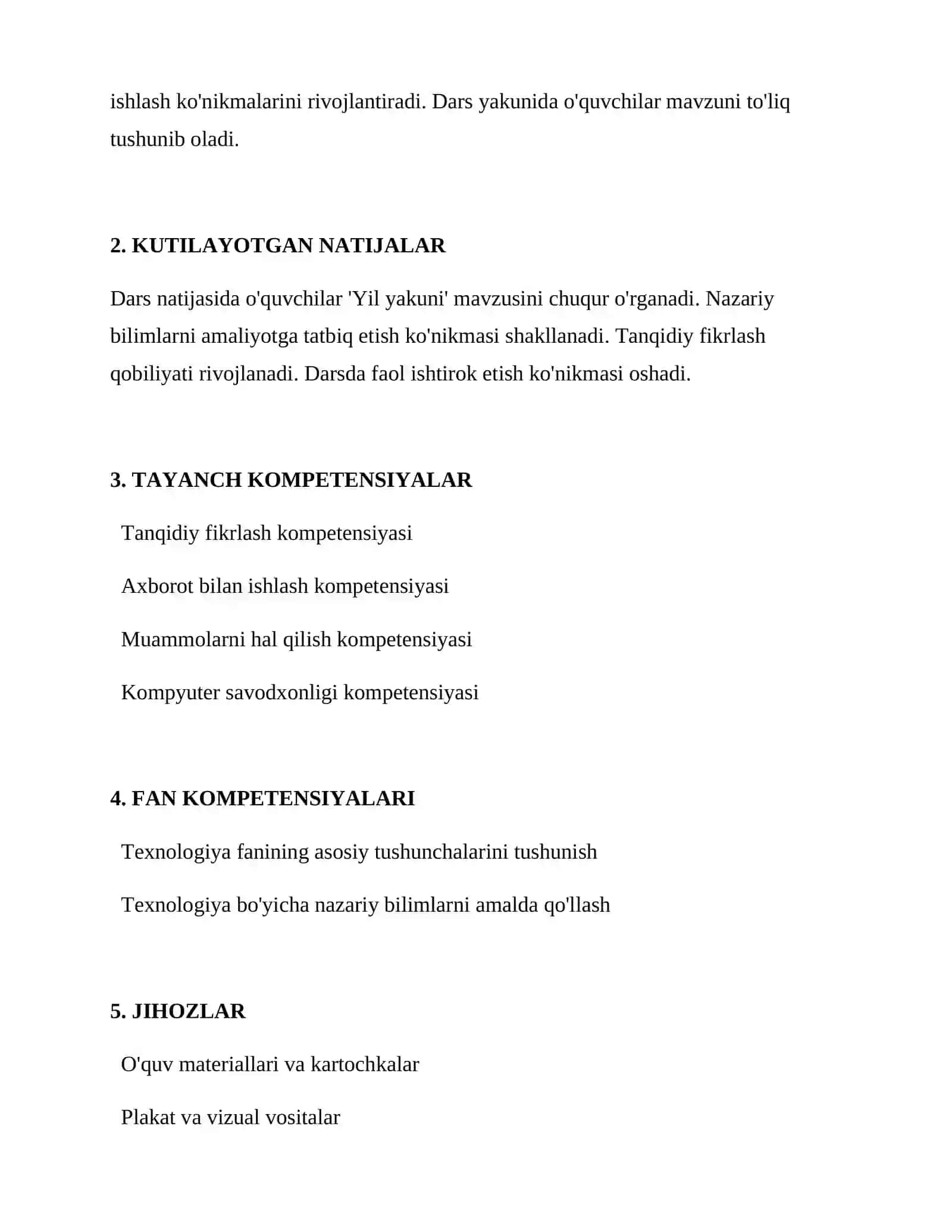 TEXNOLOGIYA FANI DARS ISHLANMASI 2