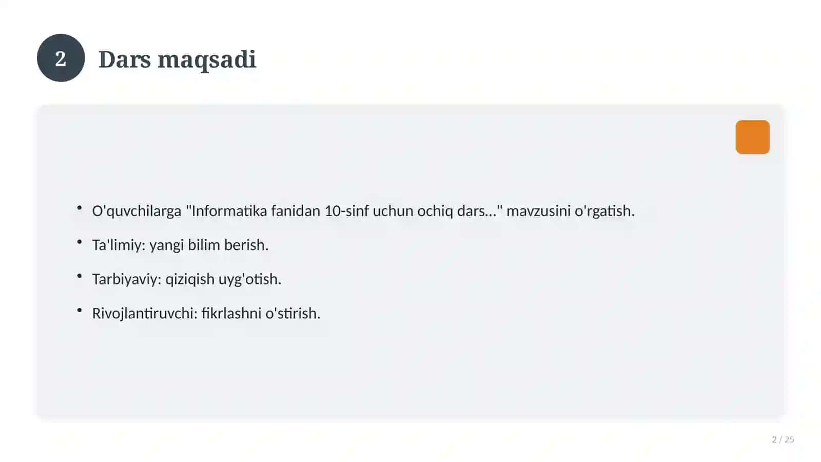 Informatika fanidan 10-sinf uchun ochiq dars ishlanmasi 2