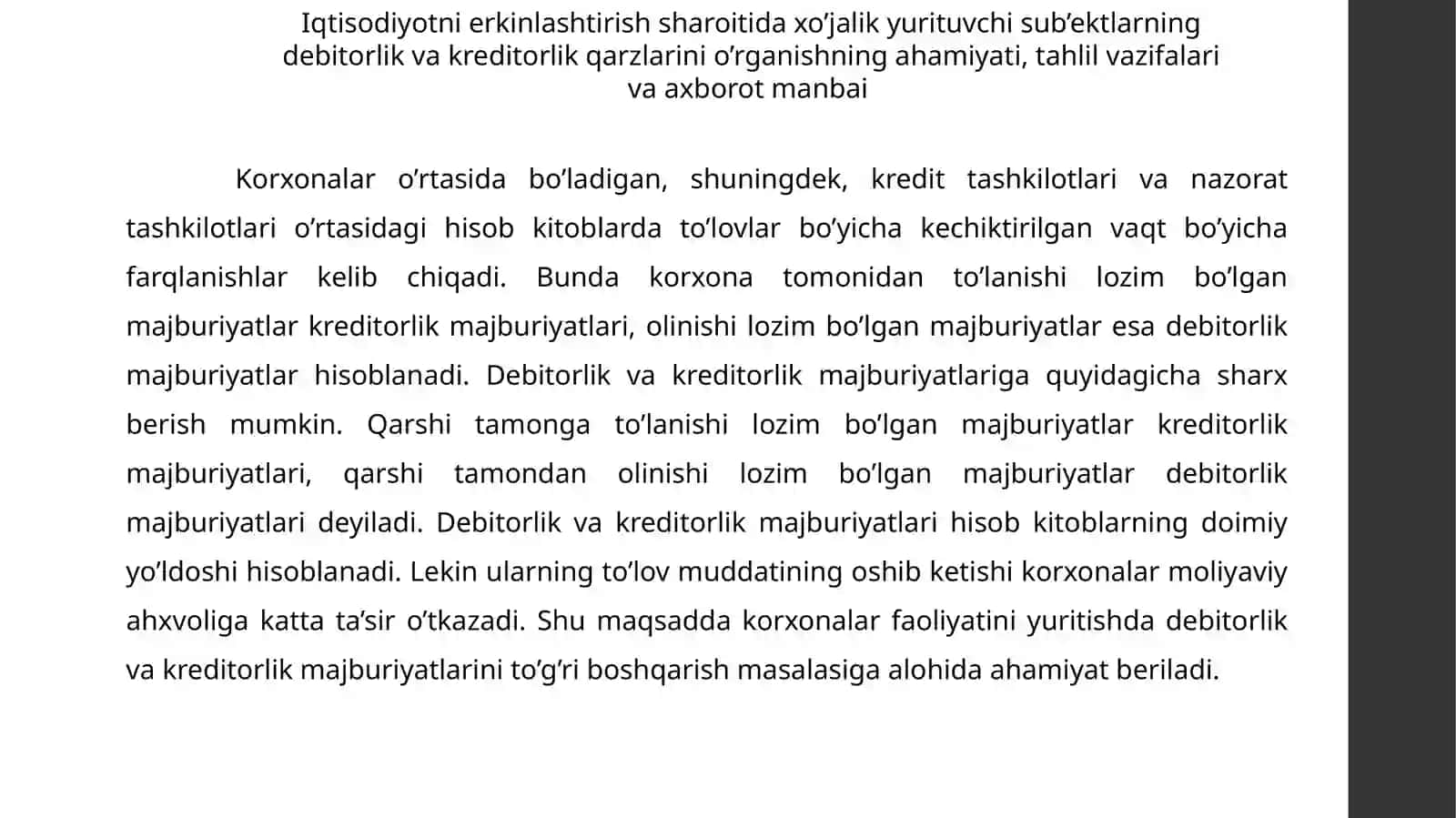 Debitorlik va kreditorlik qarzlarining kamaytirish yoʻllari 2