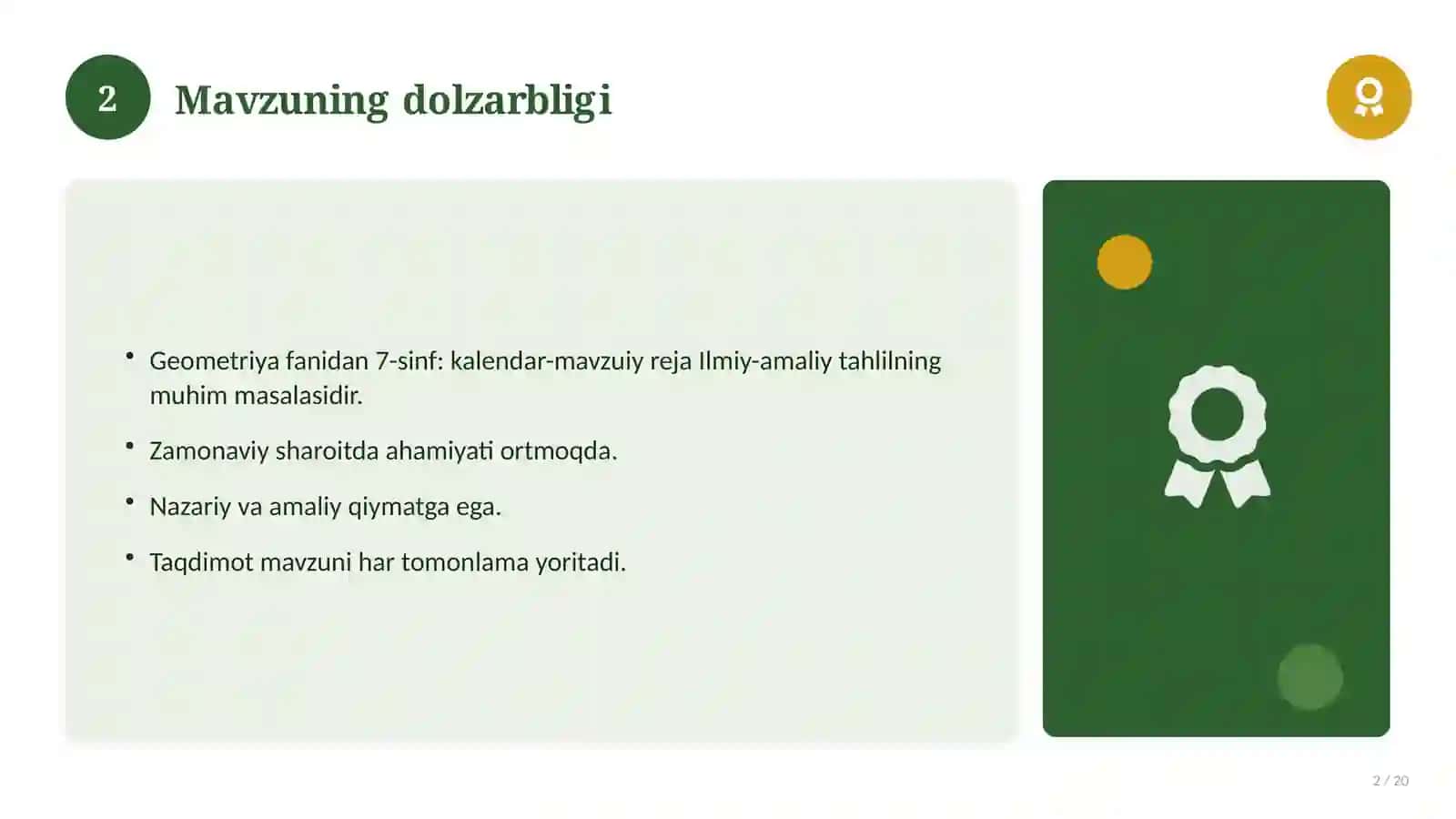Geometriya fanidan 7-sinf: kalendar-mavzuiy reja 2