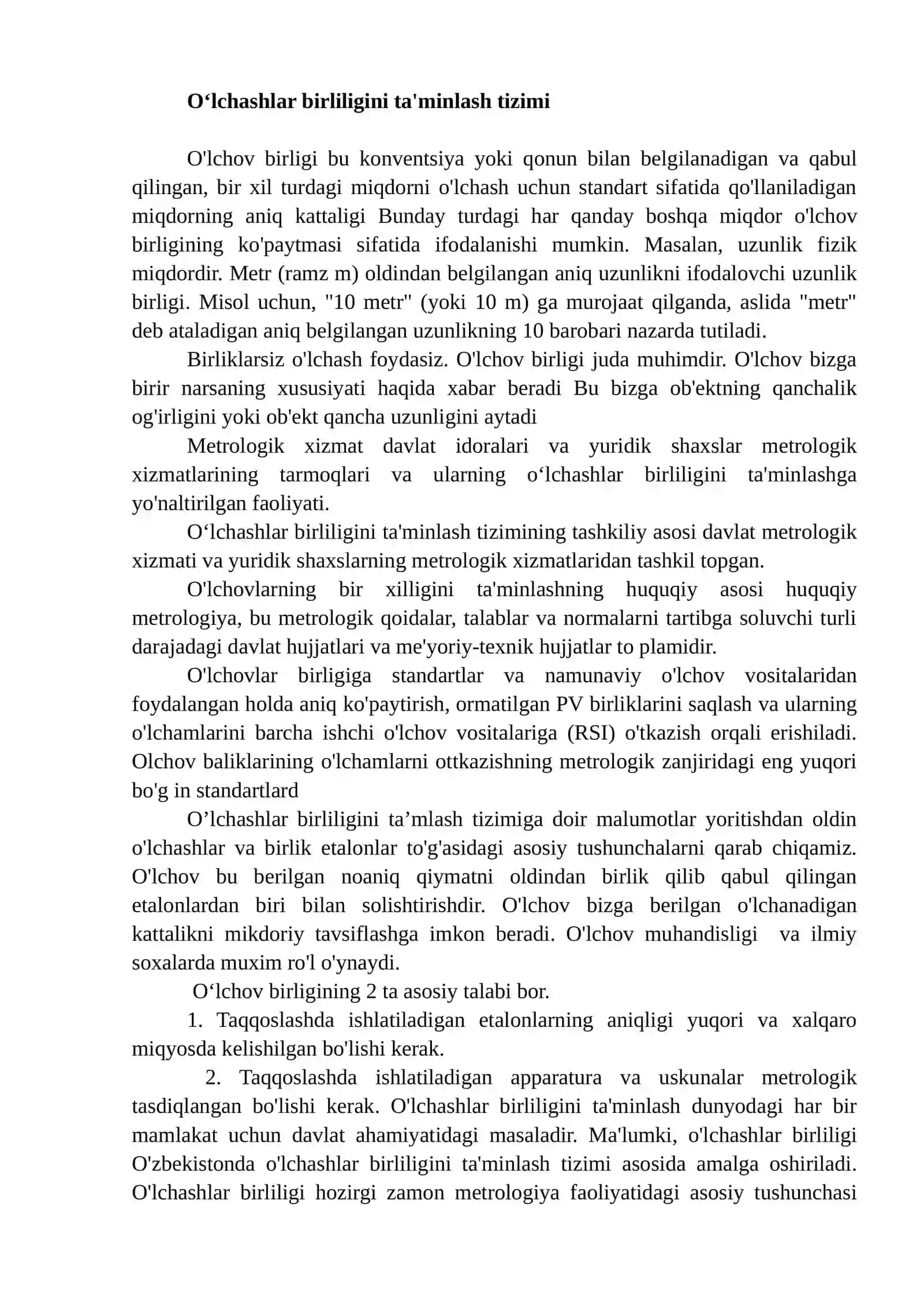 O’lchashlarning yagona birliligini ta'minlash tizimi 2