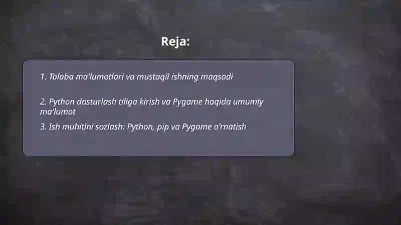 O'yin Yaratish: Pygame kutubxonasi yordamida 2D o'yinlar ishlab chiqish 2