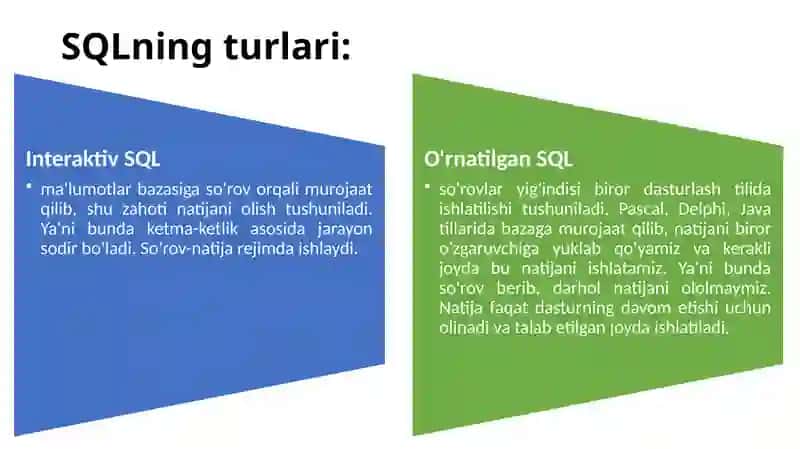 1-ma’ruza: SQL tili, uning MBBTdagi roli va imkoniyatlari. SQL tili standartlari(davomi) 2