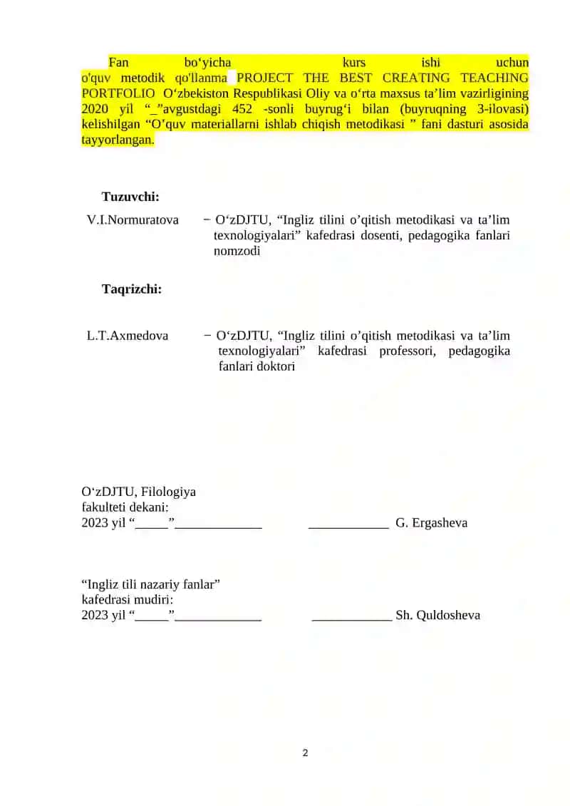 METHODICAL RECOMMENDATIONS TO THE COURSE WORK PROJECT THE BEST CREATING TEACHING PORTFOLIO 2