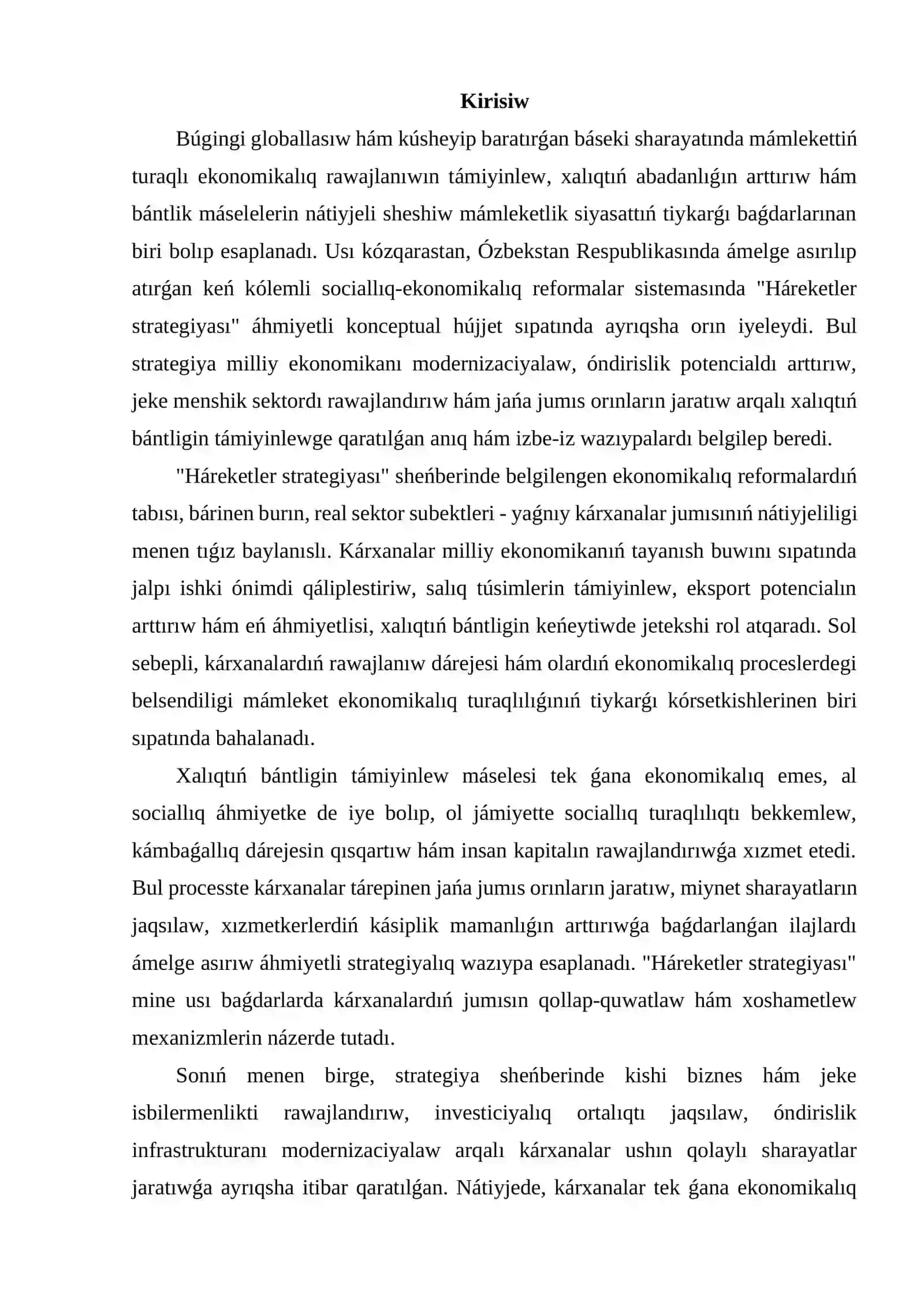 "Háreketler strategiyası" sheńberinde milliy ekonomikanı rawajlandırıw hám xalıqtıń bántligin támiyinlew procesinde kárxanalardıń ornı 2
