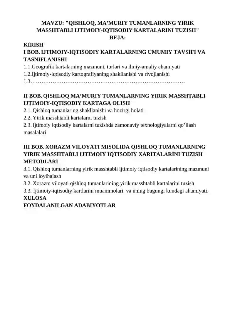QISHLOQ, MA’MURIY TUMANLARNING YIRIK MASSHTABLI IJTIMOIY-IQTISODIY KARTALARINI TUZISH 2
