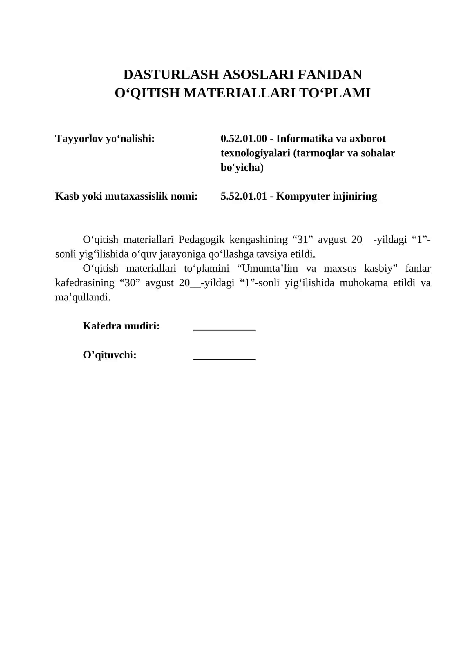 DASTURLASH ASOSLARI FANIDAN O‘QITISH MATERIALLARI TO‘PLAMI 2