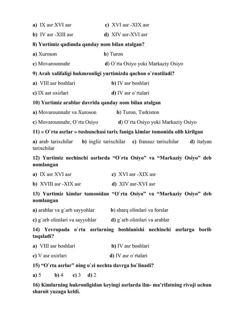 7-sinf O`zbekiston tarixi 1-mavzu test 2