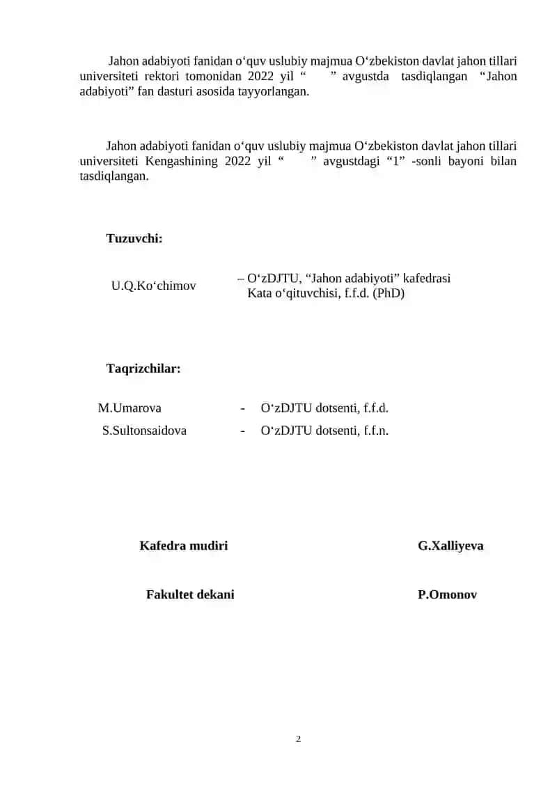 Jahon adabiyoti fanidan o‘quv-uslubiy majmua 2