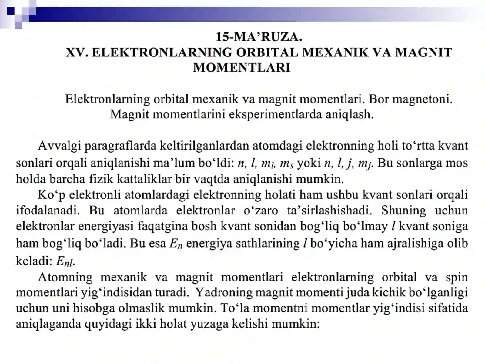Elektroning orbital mexanik momenti 2