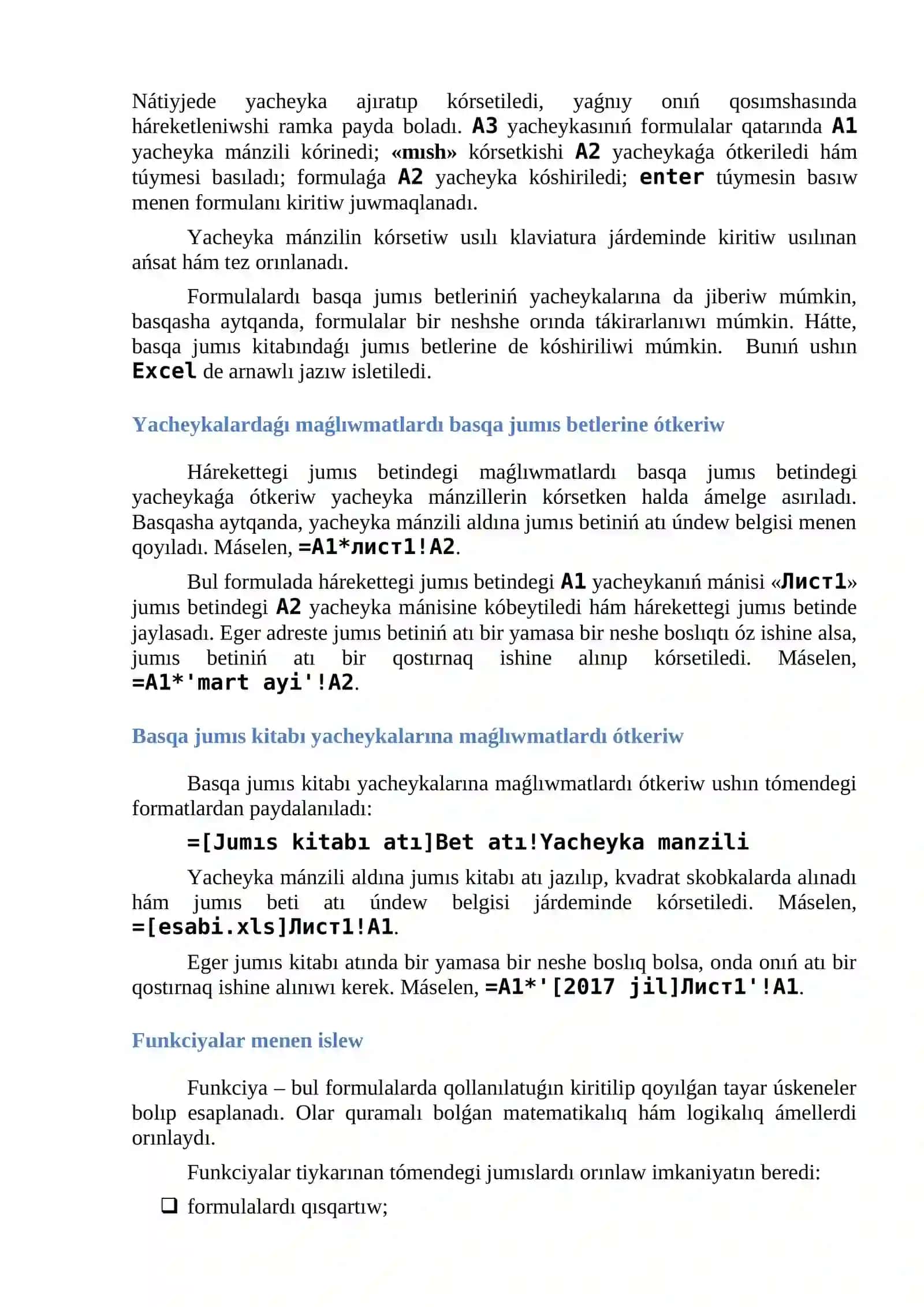 Excel de formulalardan paydalanıw 2