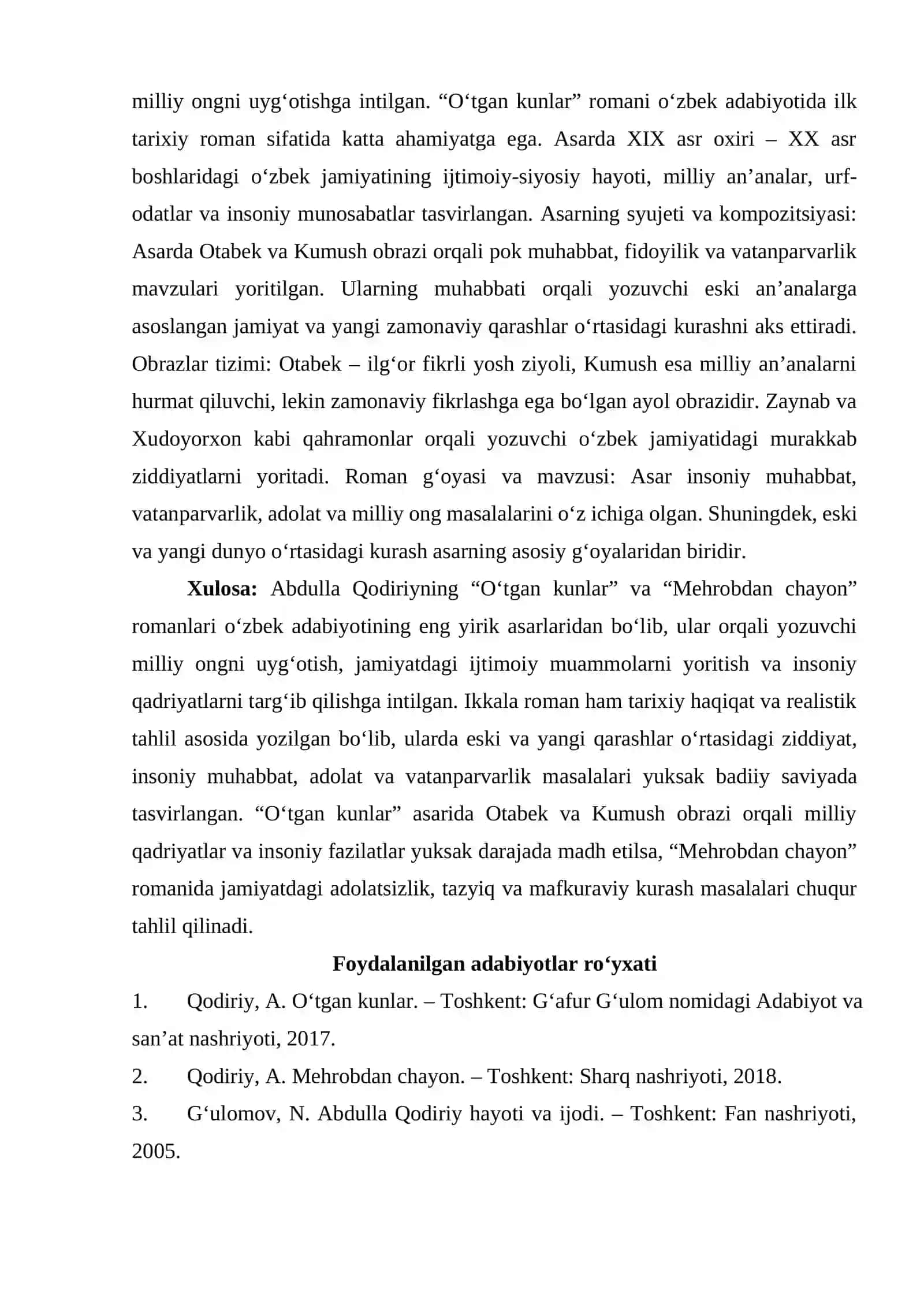 “Oʻtgan kunlar”, “ Mehrobdan chayon” romanlari tahlili 2