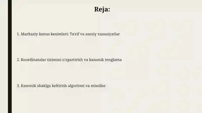 Markazli egri chiziqning tenglamasini soddalashtirish 2