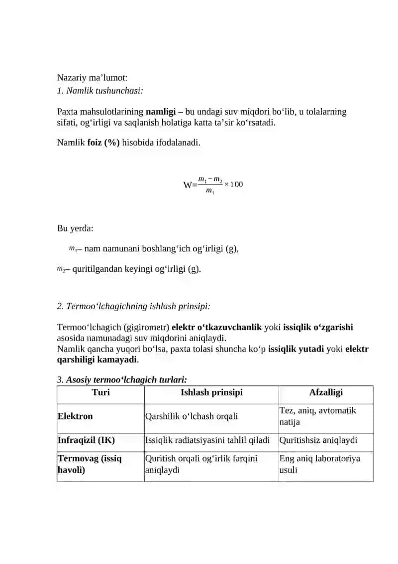 Paxta mahsulotlarini namligini termoo‘lchagichlarda aniqlash 2