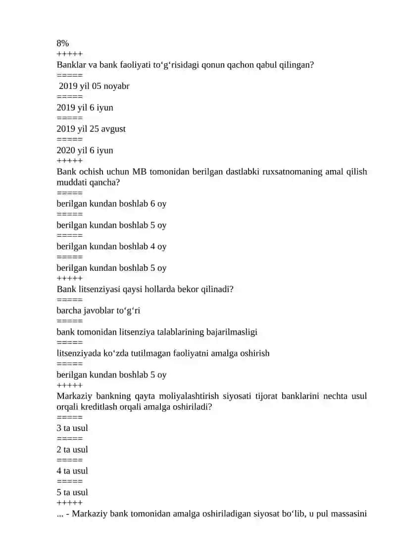 Bank nazorati fanidan testlar to'plami 2