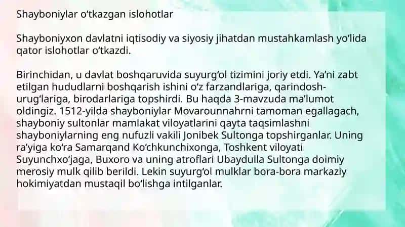 Shayboniylar o‘tkazgan islohotlar 2