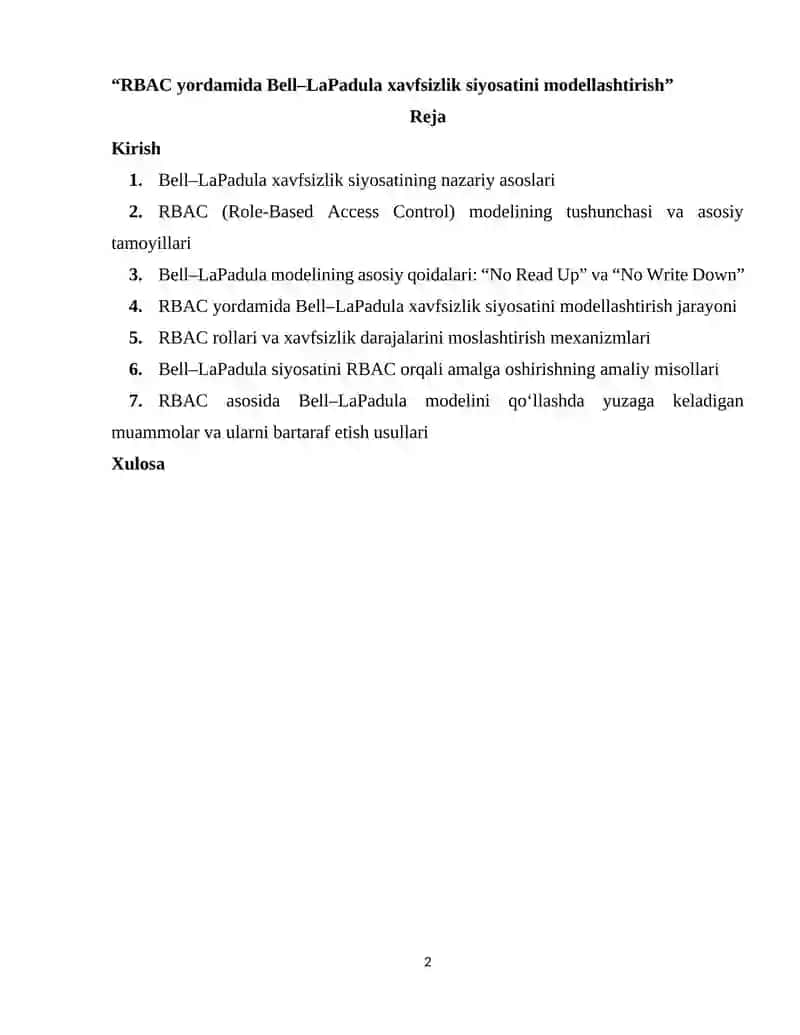 RBAC yordamida Bell–LaPadula xavfsizlik siyosatini modellashtirish” 2