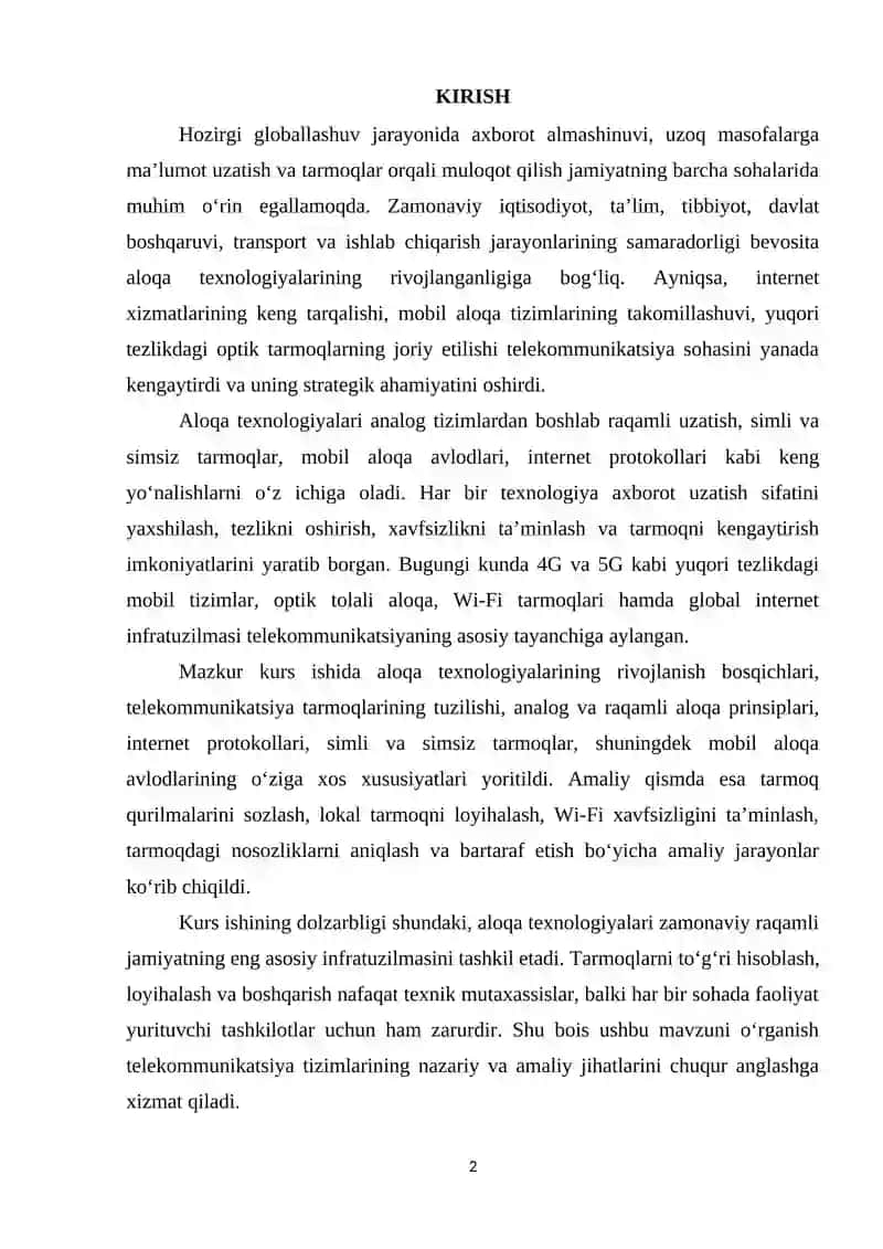 ALOQA TEXNOLOGIYALARI VA TARMOQLAR KURS ISHI 2