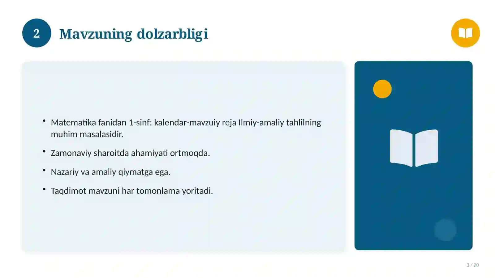 Matematika fanidan 1-sinf: kalendar-mavzuiy reja 2
