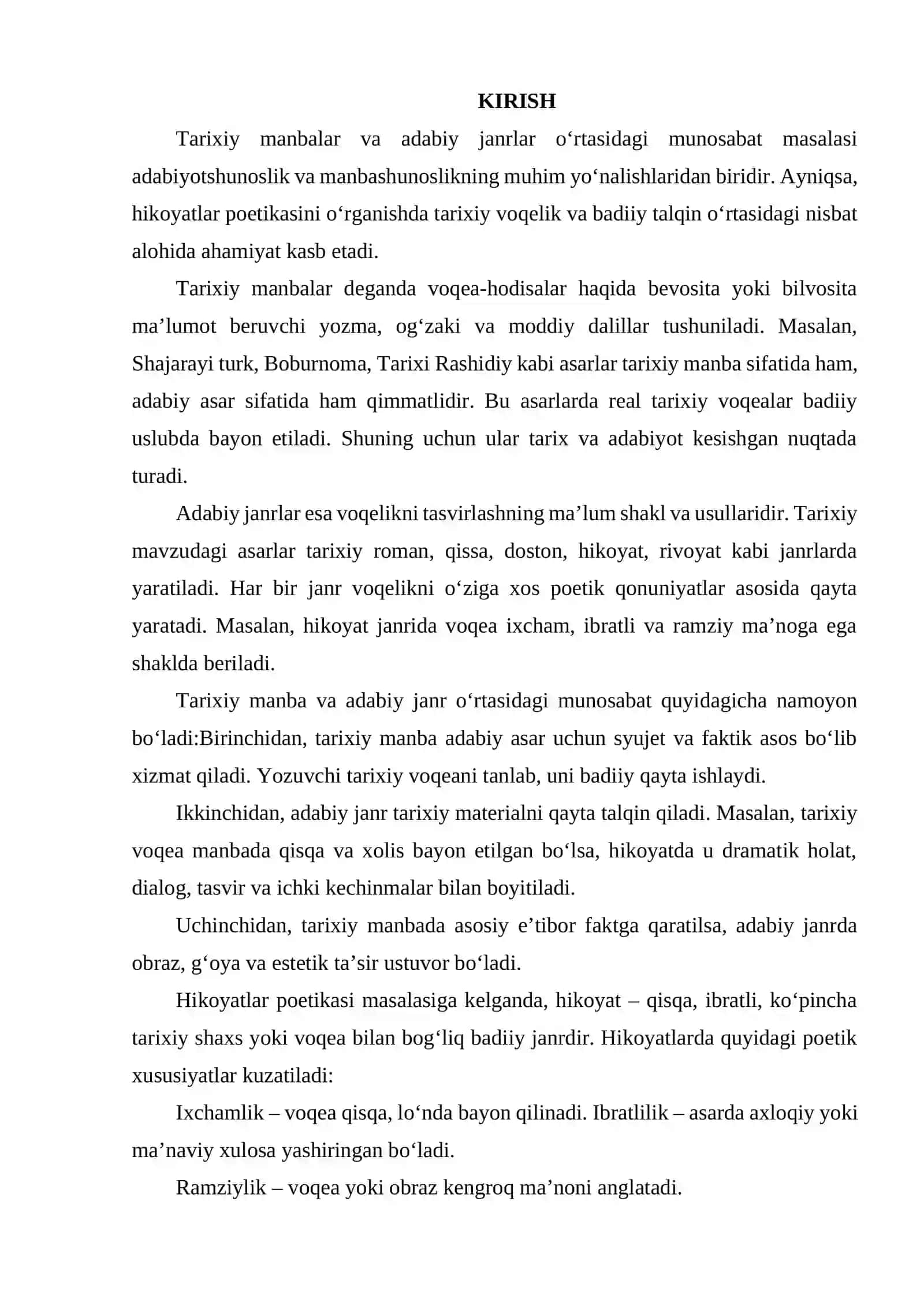 TARIXIY MANBALAR VA ADABIY JANRLAR MUNOSABATLARI. HIKOYATLAR POETIKASI 2