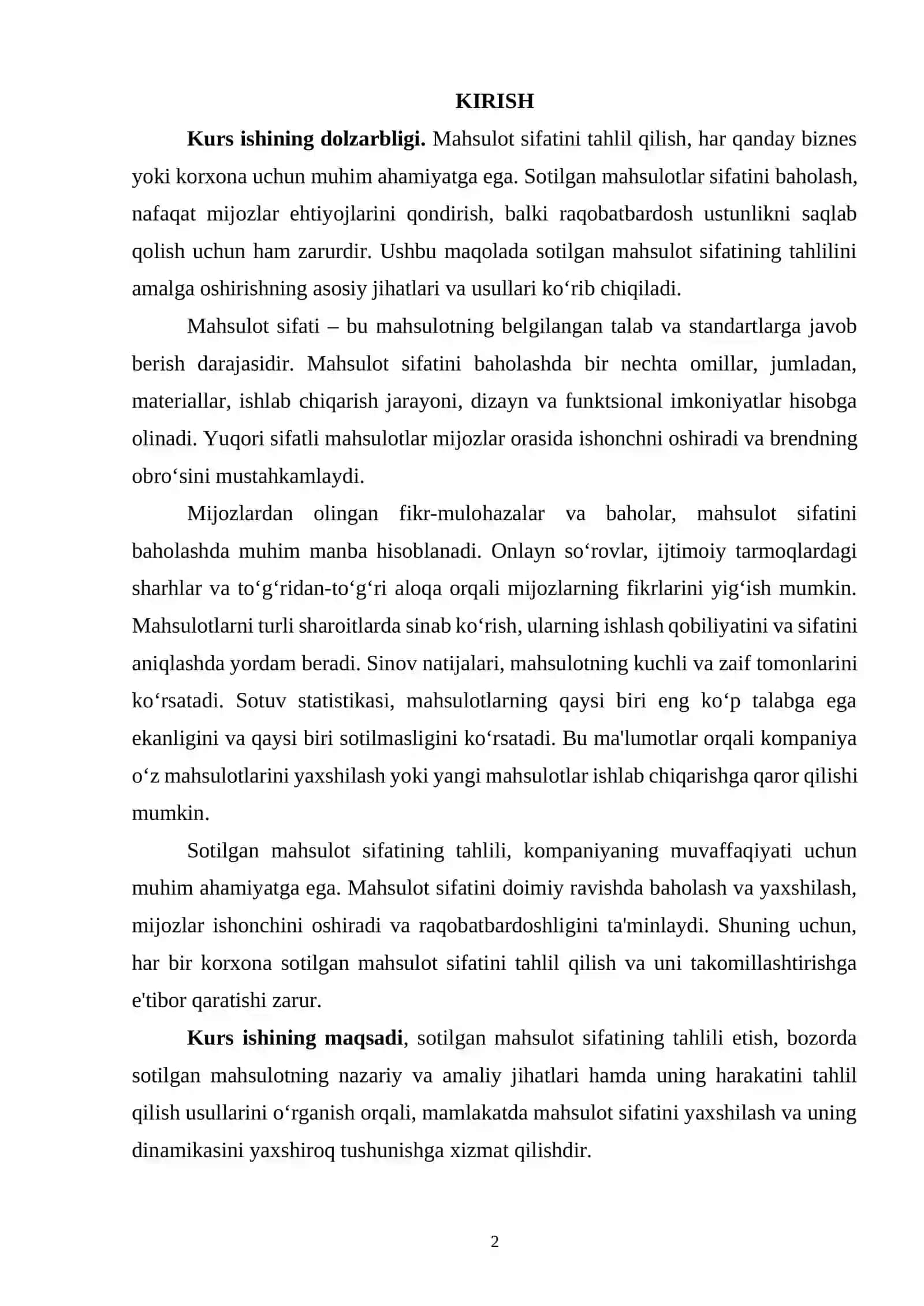 SOTILGAN MAHSULOT SIFATINING TAHLILI 2
