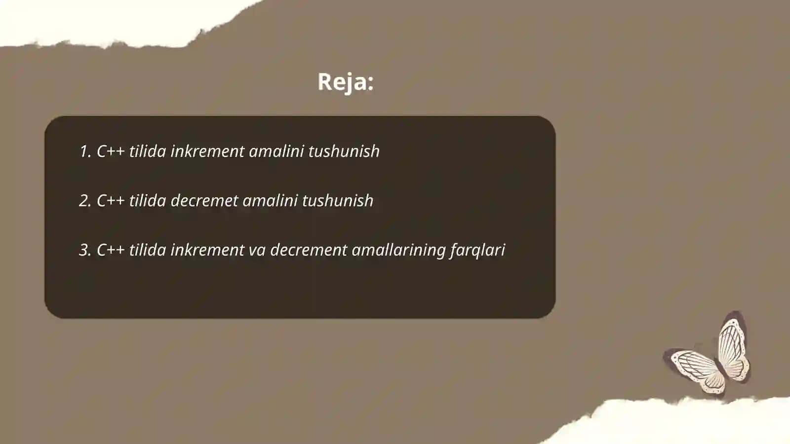 C++ tilining amallari inkrement, decrement, sizeof, mantiqiy, taqqoslash 2