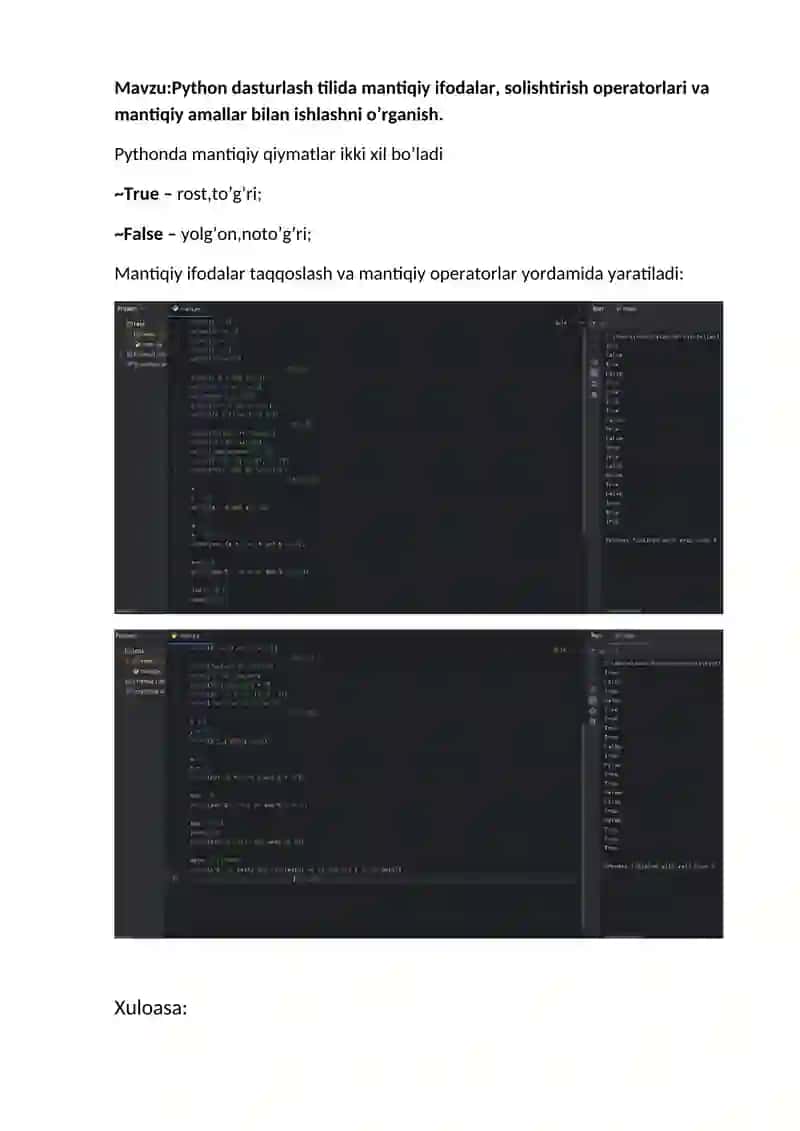 Python dasturlash tilida mantiqiy ifodalar, solishtirish operatorlari va mantiqiy amallar 2