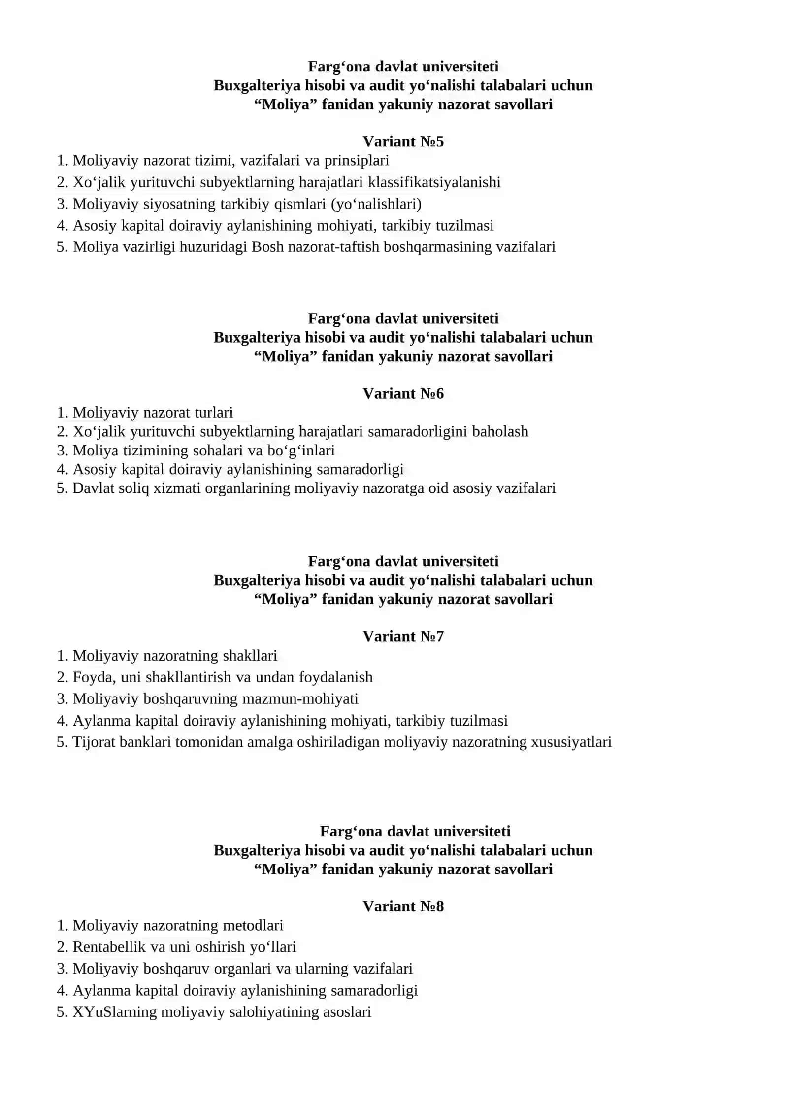 Moliya fanidan yakuniy nazorat savollari 2