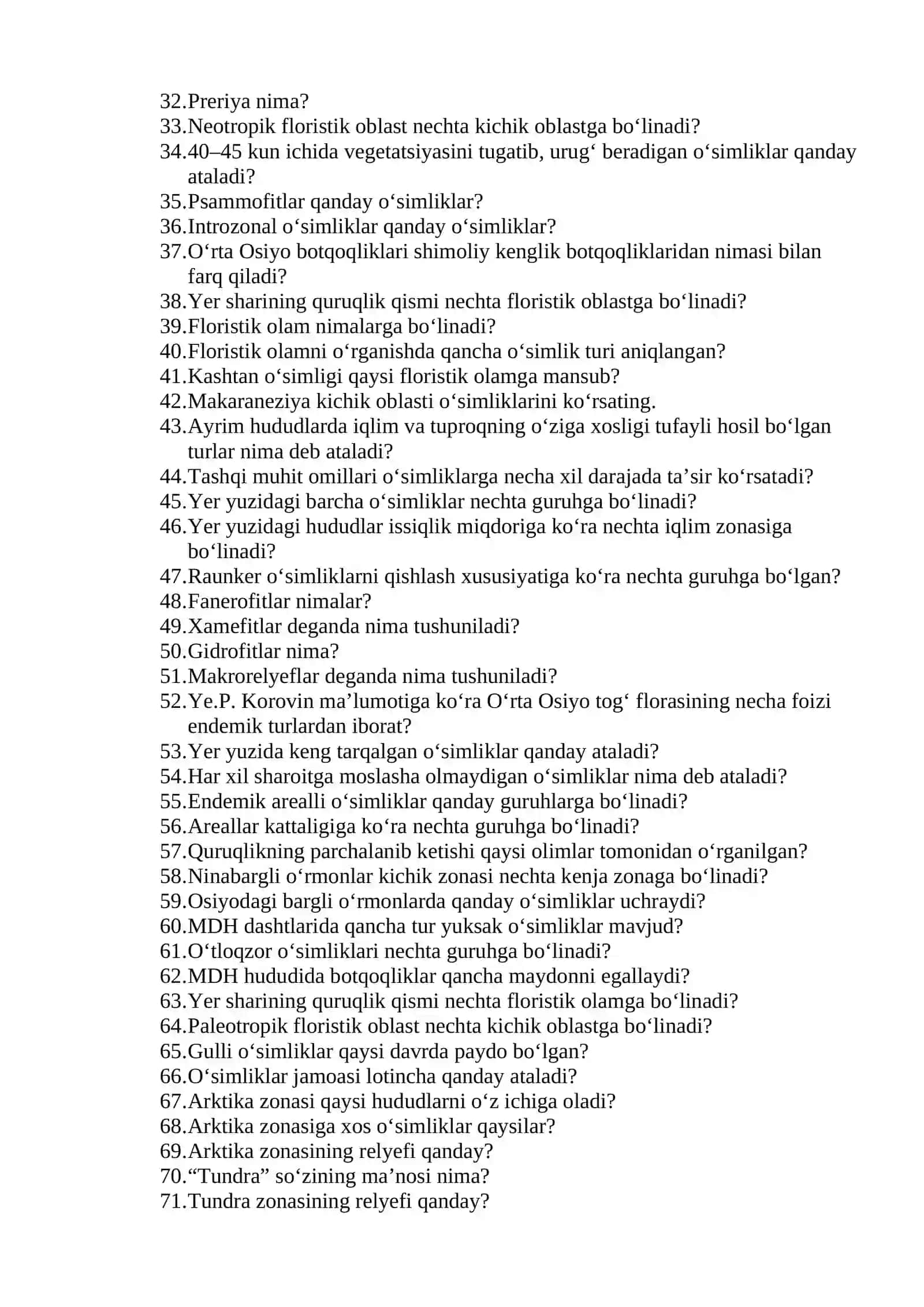 O‘SIMLIKLAR GEOGRAFIYASI FANIDAN TEST SAVOLLARI 2