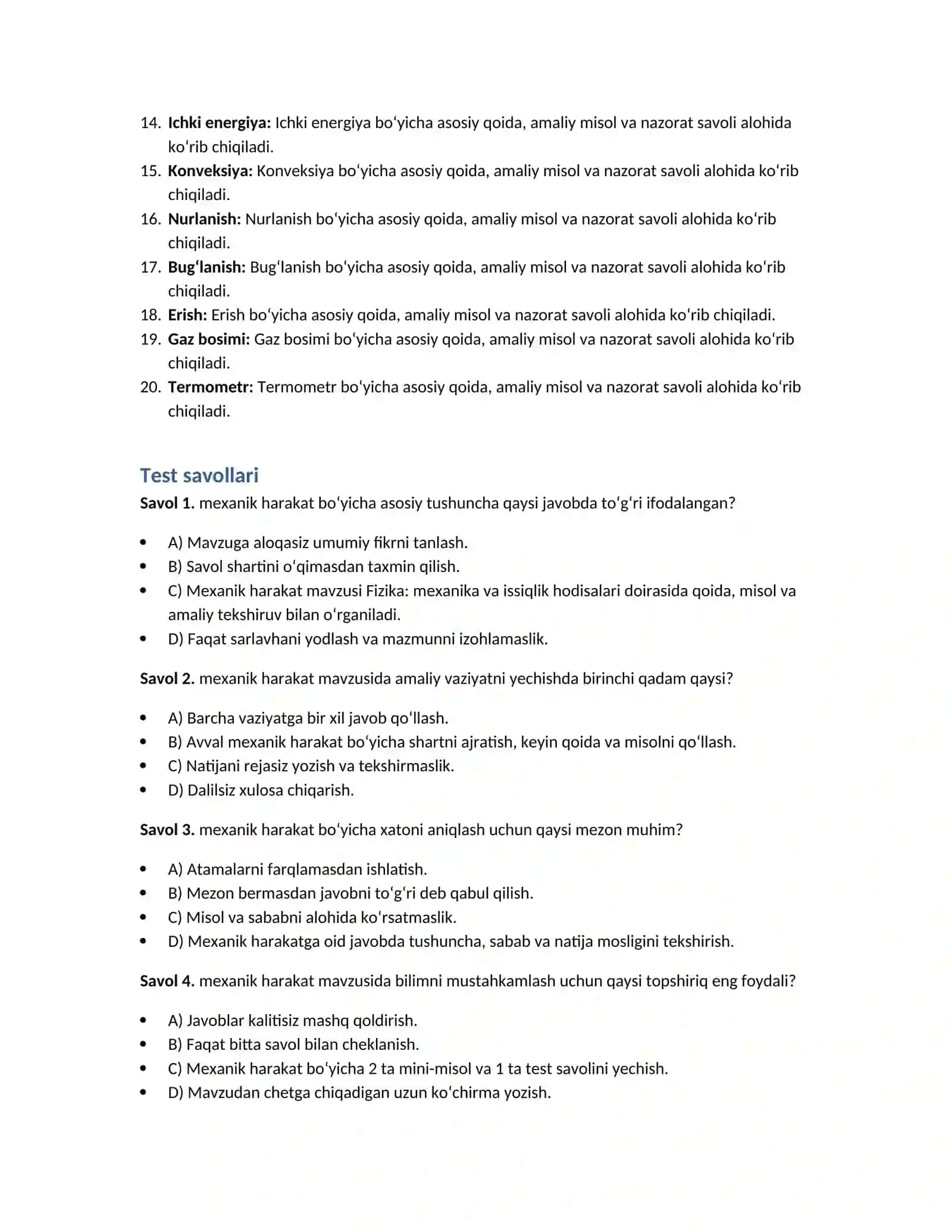 Fizika: mexanika va issiqlik hodisalari — 100 test 2