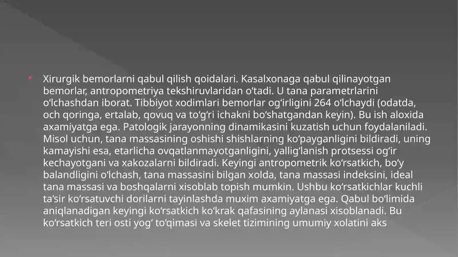 XIRURGIK BEMORLARNI QABUL QILISH.SANITAR ISHLOV BERISH.SARALASH 2