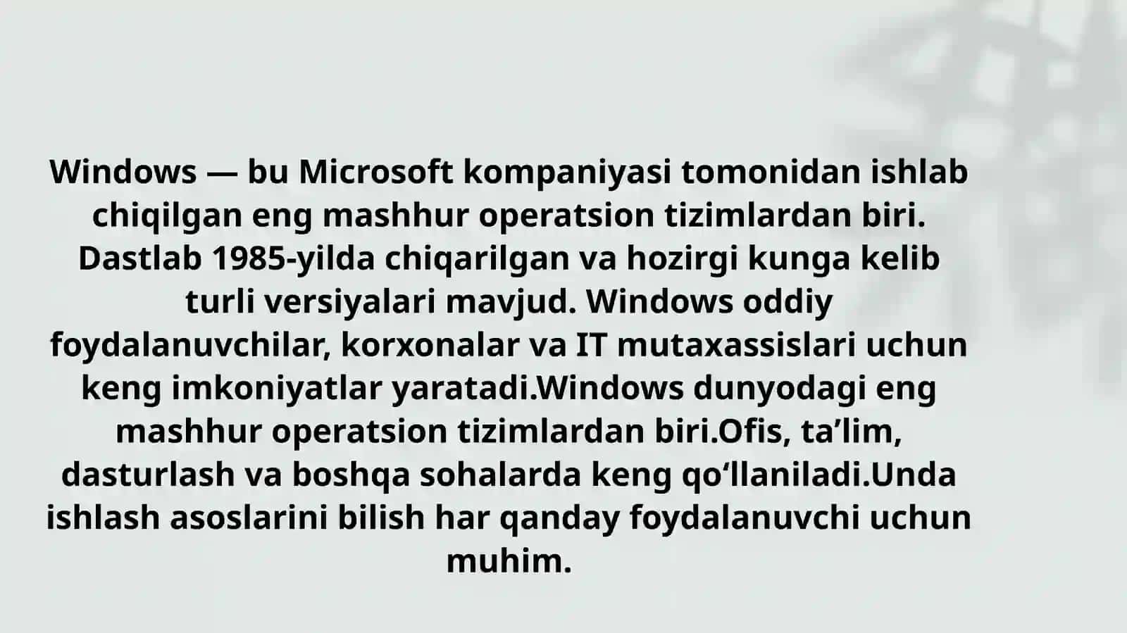 WINDOWS OPERATSION TIZIM TARIXI VA UNDA ISHLASH ASOSLARI 2