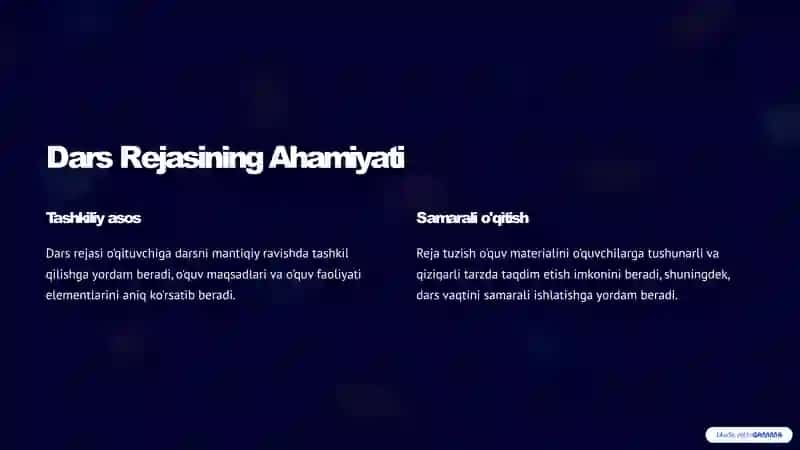 Dars Rejalarini Ishlab Chiqish va Usullarni Amaliy Qo'llash 2