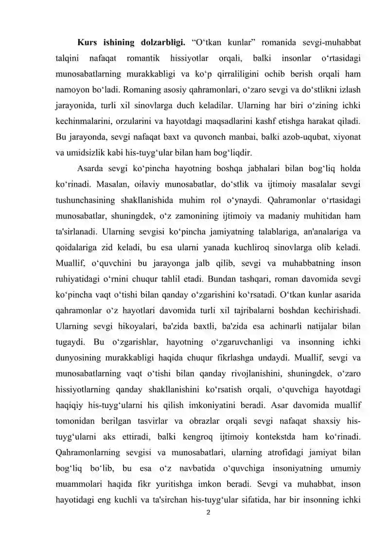 “O‘tgan kunlar” romanida sevgi-muhabbat talqini 2