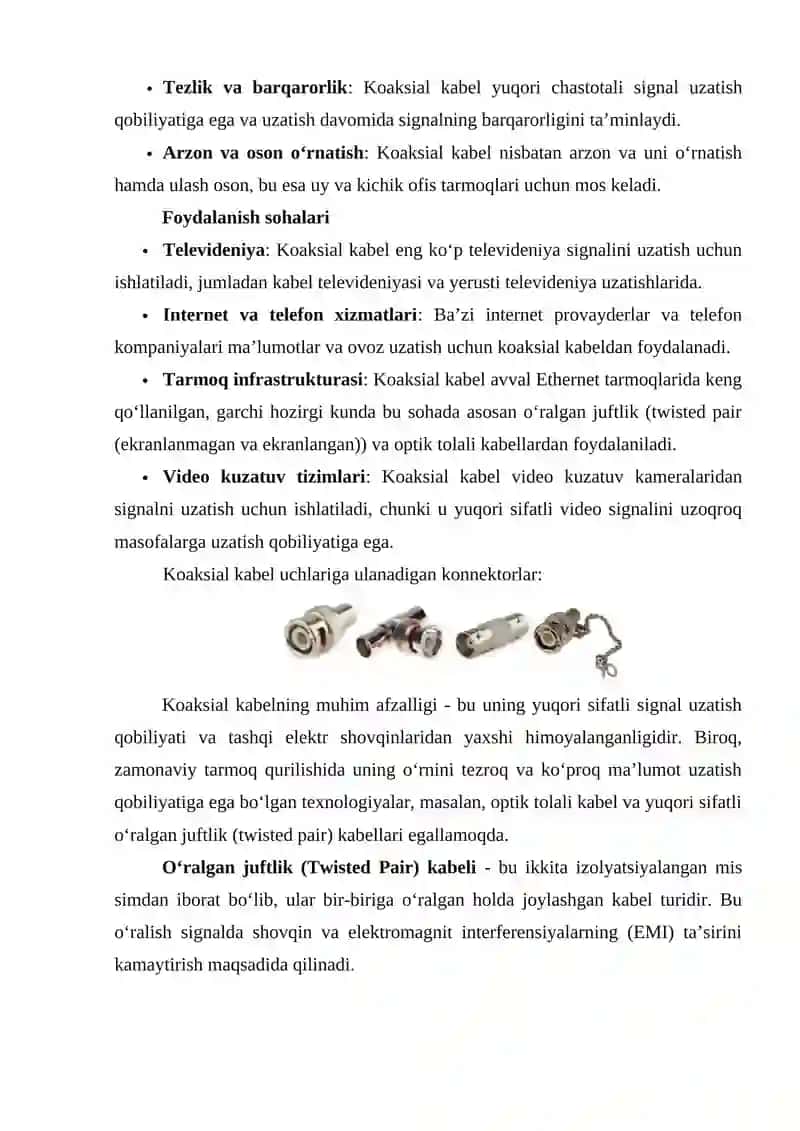 Tarmoqlarda ishlatiladigan kabel turlari 2