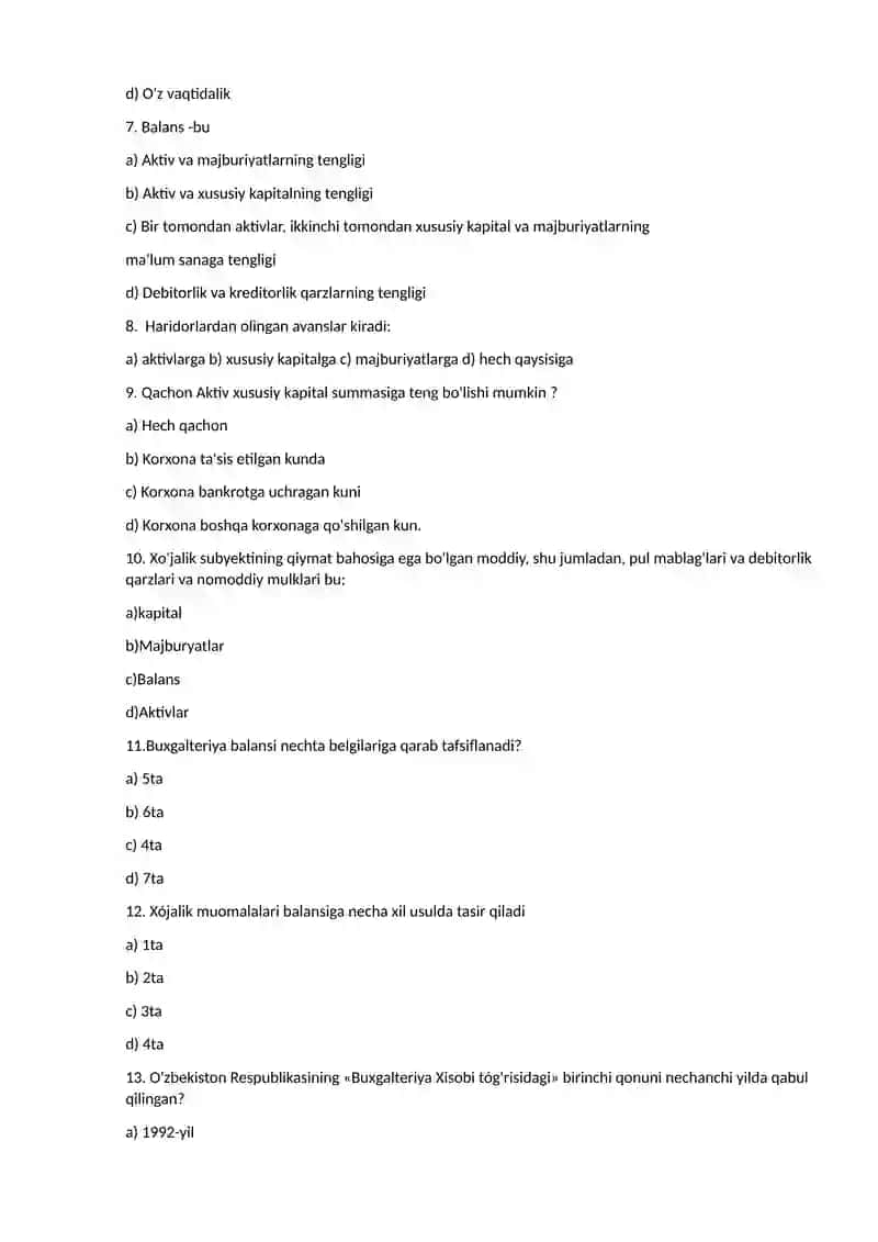Buxgalteriya hisobi mavzusidan testlar 2