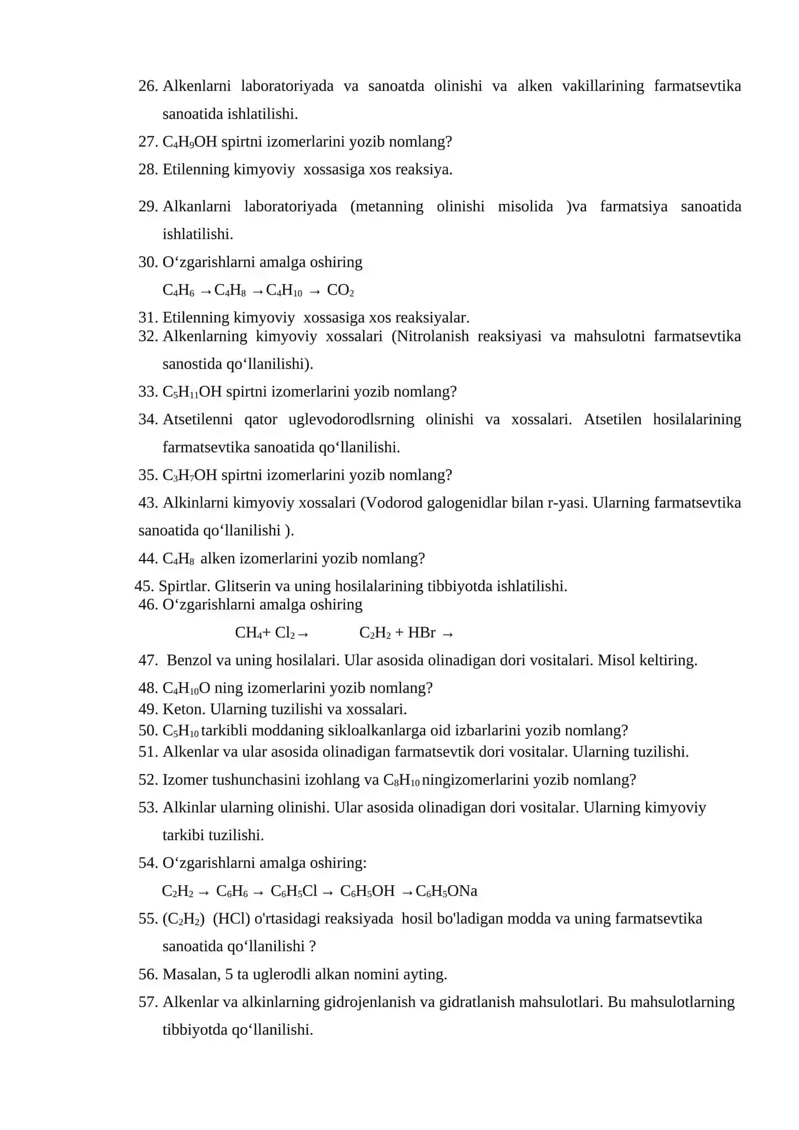 Organik kimyo fanidan YAKUNIY NAZORAT savollari 2