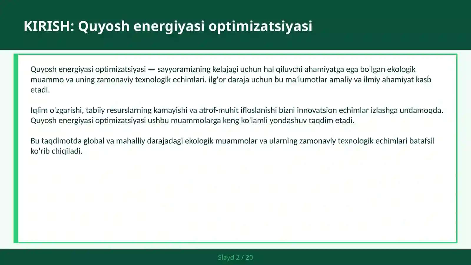 Quyosh energiyasi optimizatsiyasi 2