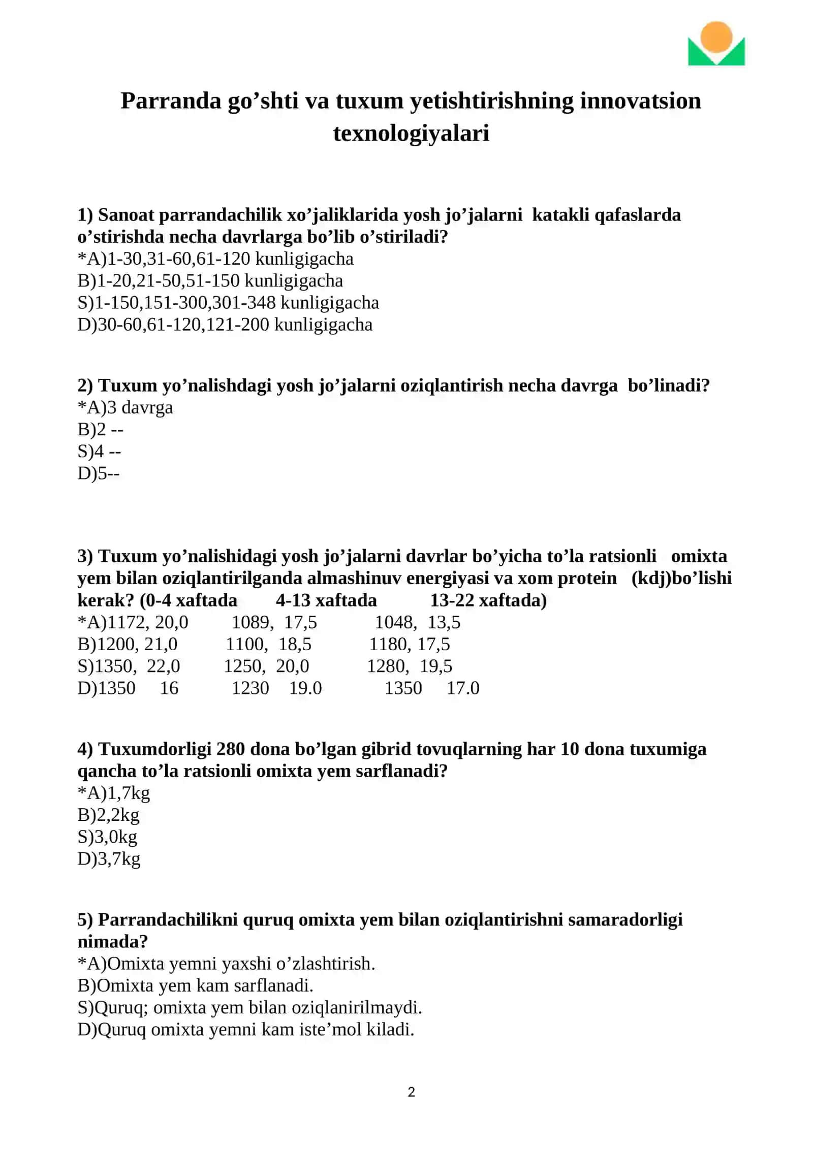 Parrandachilik test sinovlari 2