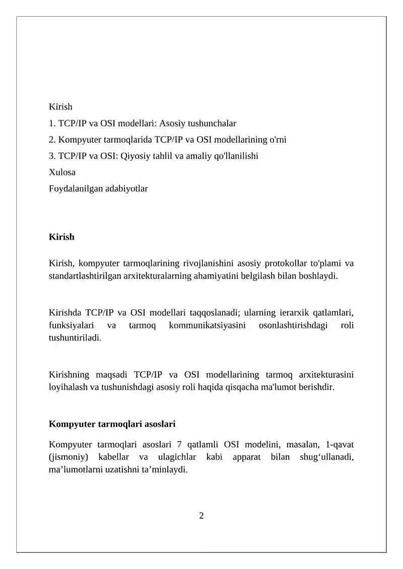 TCP/IP va OSI modellarning kompyuter tarmoqlarini qurishda o‘rni 2
