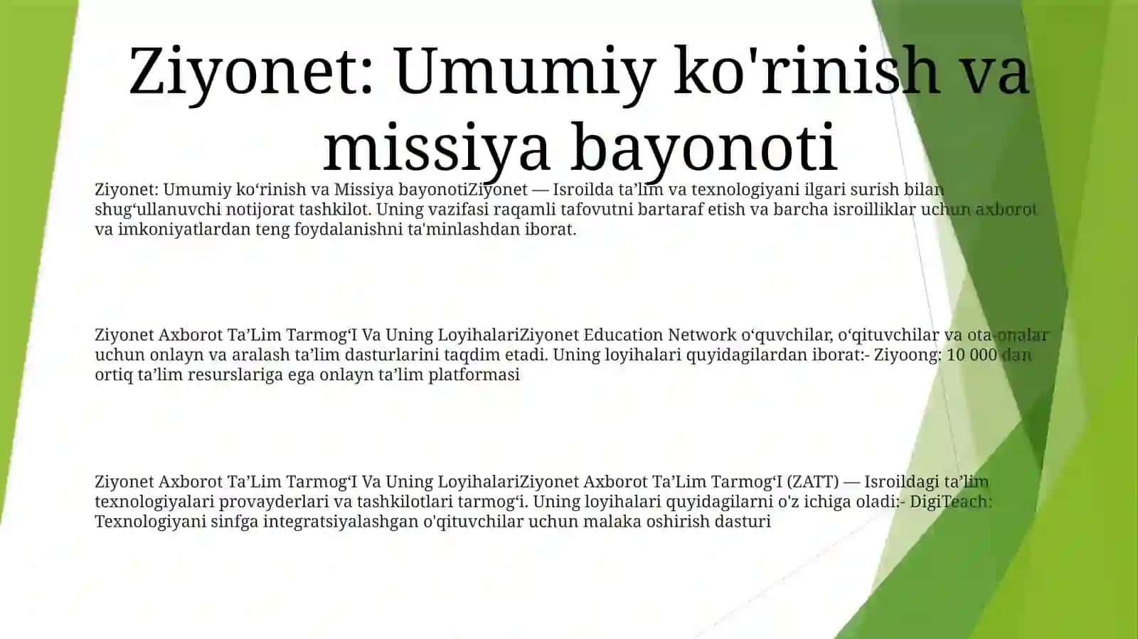 Ziyonet Axborot TaʼLim TarmogʻI Va UningLoyihalari 2