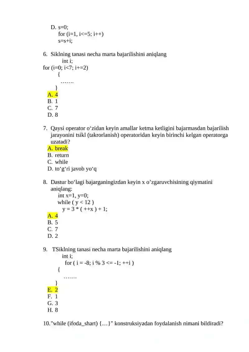 4- mavzu bo’yicha test savollari: While, do …while, for takrorlanuvchi operatorlar uchun test savollari 2