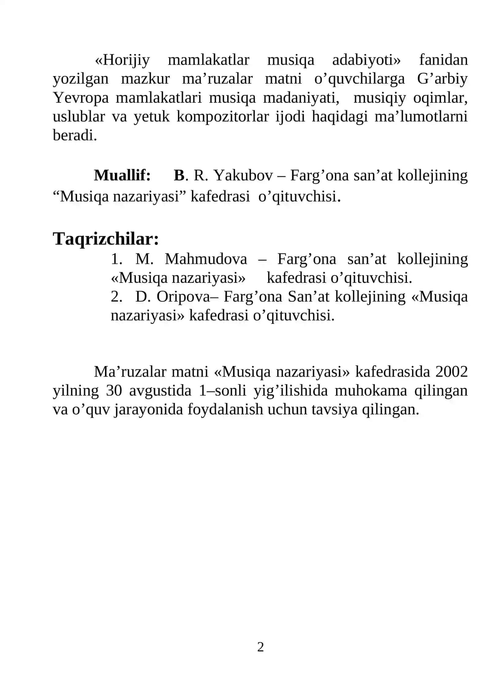 HORIJİY MAMLAKATLAR MUSIQA ADABIYOTI 2