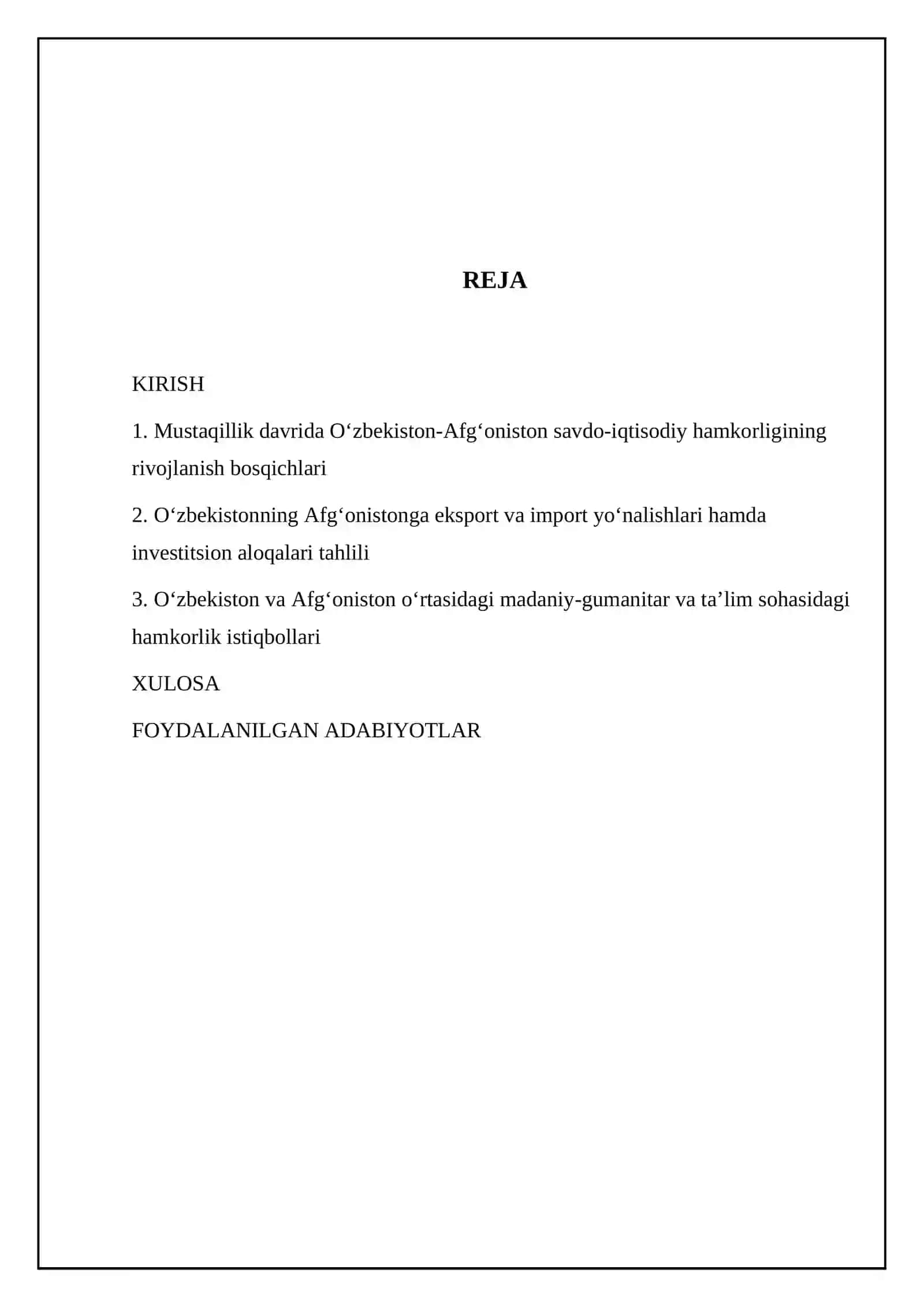 Mustaqillik yillarida oʻzbekistonning Afgʻoniston bilan savdo iqtisodiy va madaniy aloqalari 2