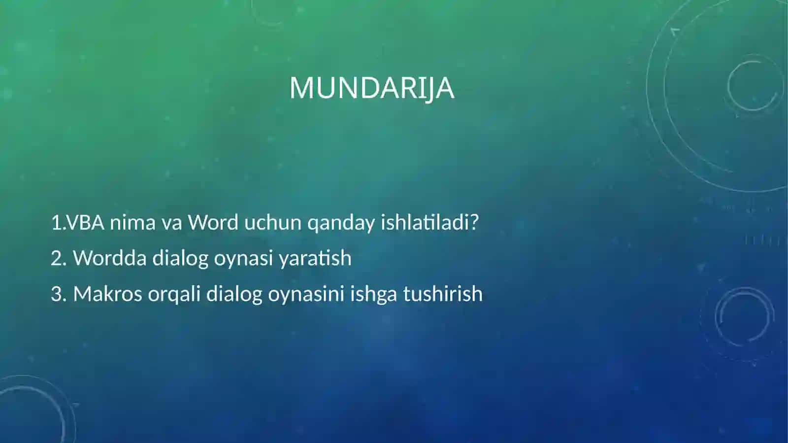 WORDDA VBA BILAN ISHLASH VA DIALOG OYNASI YARATISH 2