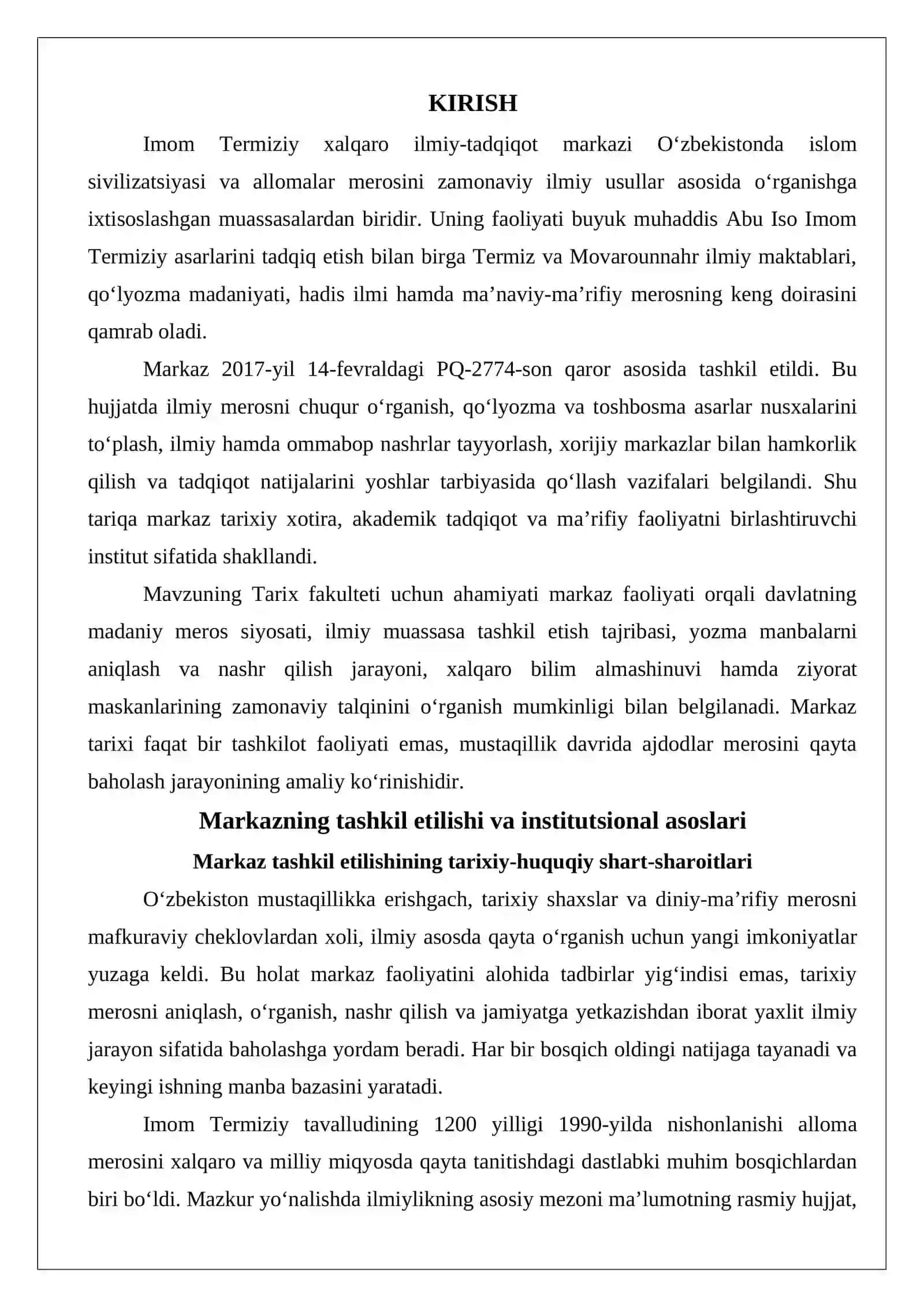 Imom Termiziy xalqaro ilmiy-tadqiqot markazi faoliyati 2